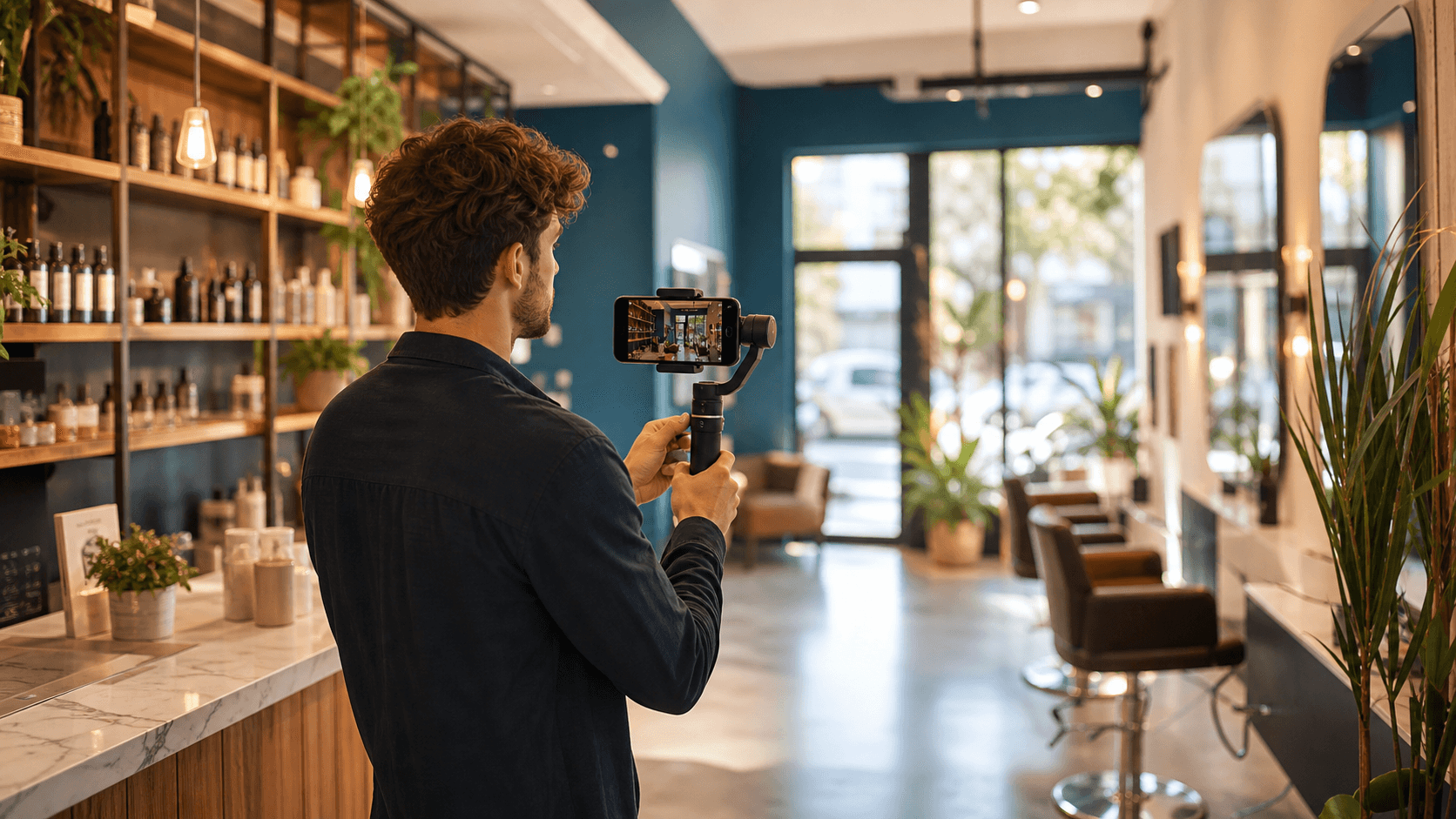Creator capturing local business photos and short-form content for Google Business Profile delivery