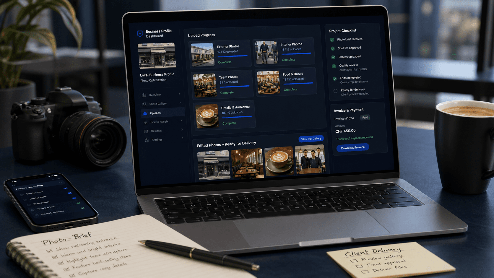Content delivery workflow with local business profile assets, uploads, checklist, and assignment notes