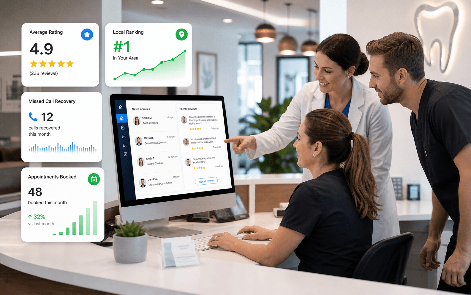 Clinic owner reviewing reputation, appointment growth, and local visibility signals